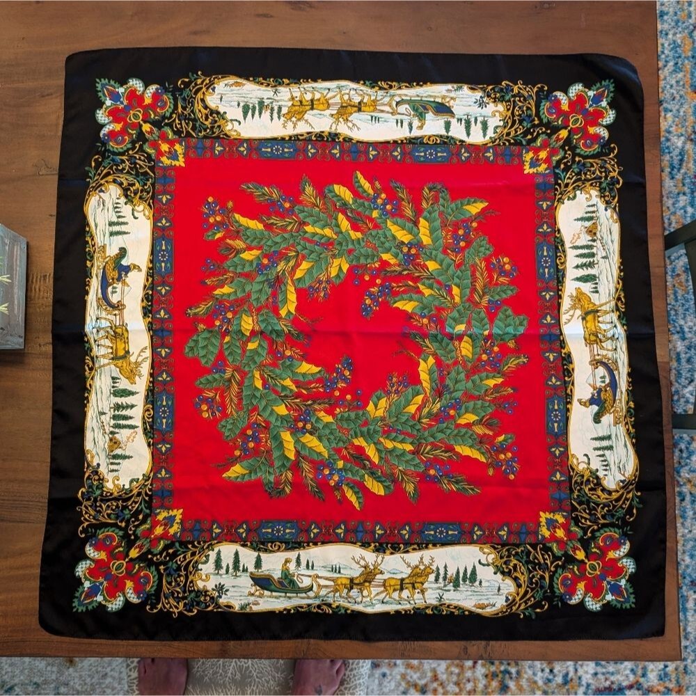 Avon 1970s Christmas Sleigh Ride Scarf Red Holiday Square Scarf